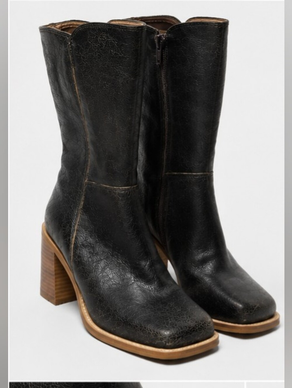 Candie’s Vintage90sY2K Black Genuine Leather Square Toe Chunky Heel Boots Size 8